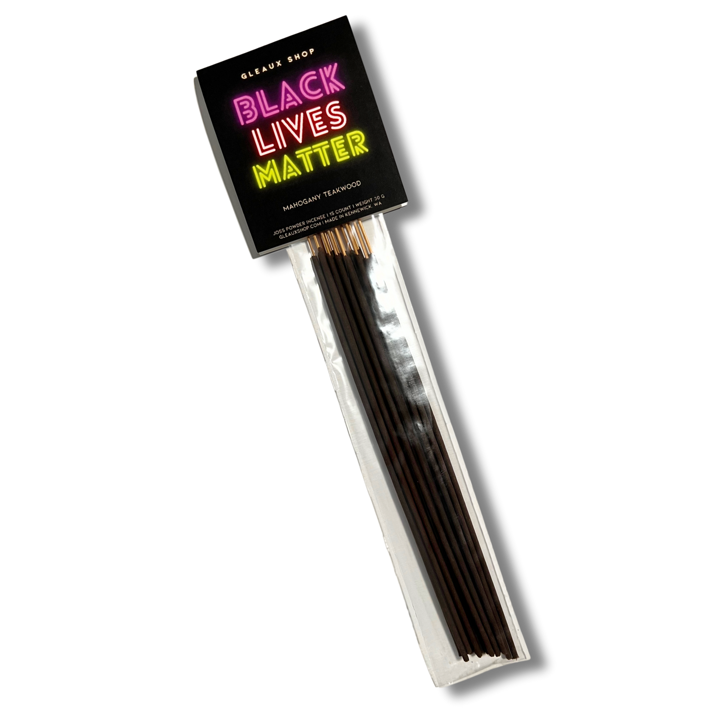 Black Lives Matter Mahogany Teakwood incense sticks by Gleaux Shop displayed in simple packaging