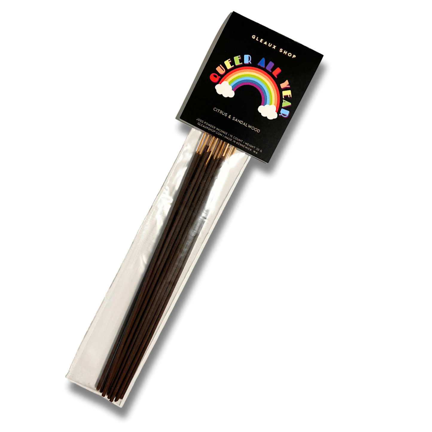 Pack of Queer All Year citrus and sandalwood scented incense sticks by Gleax Shop in black packaging with colorful rainbow design.