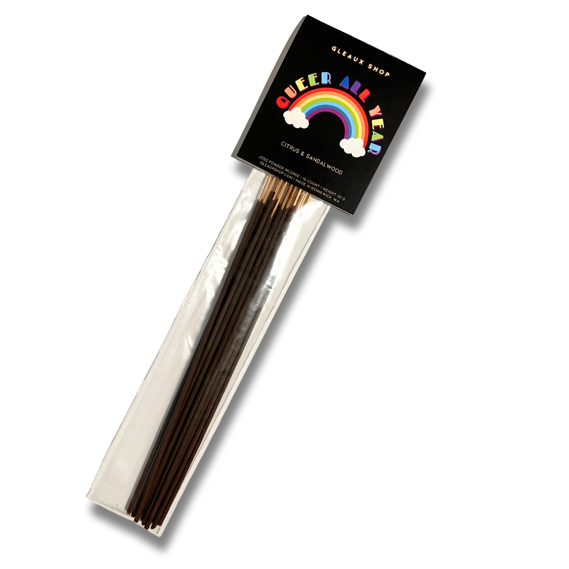 Pack of Queer All Year citrus and sandalwood scented incense sticks by Gleax Shop in black packaging with colorful rainbow design.
