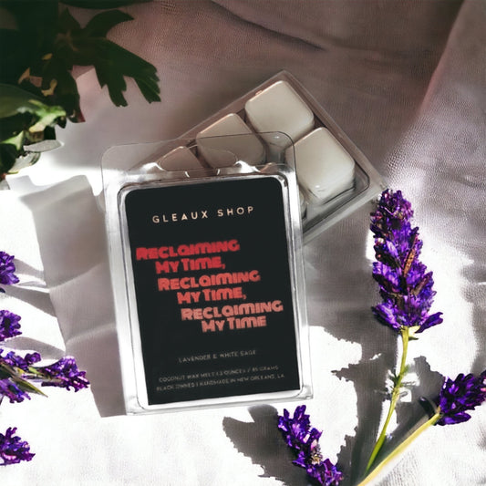 Reclaiming My Time White Sage & Lavender wax melts by Gleaux Shop arranged for home fragrance use
