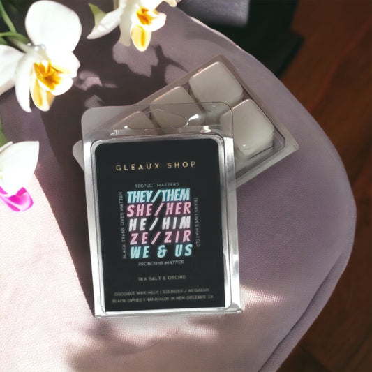 Sea Salt & Orchid wax melts by Gleaux Shop arranged on a neutral surface