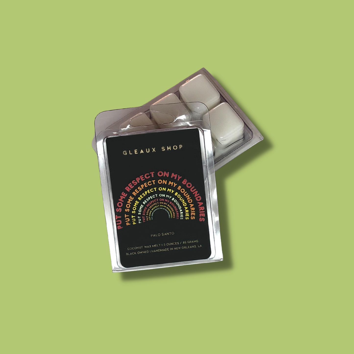 Put Some Respect on My Boundaries Palo Santo wax melts by Gleaux Shop displayed for home fragrance use